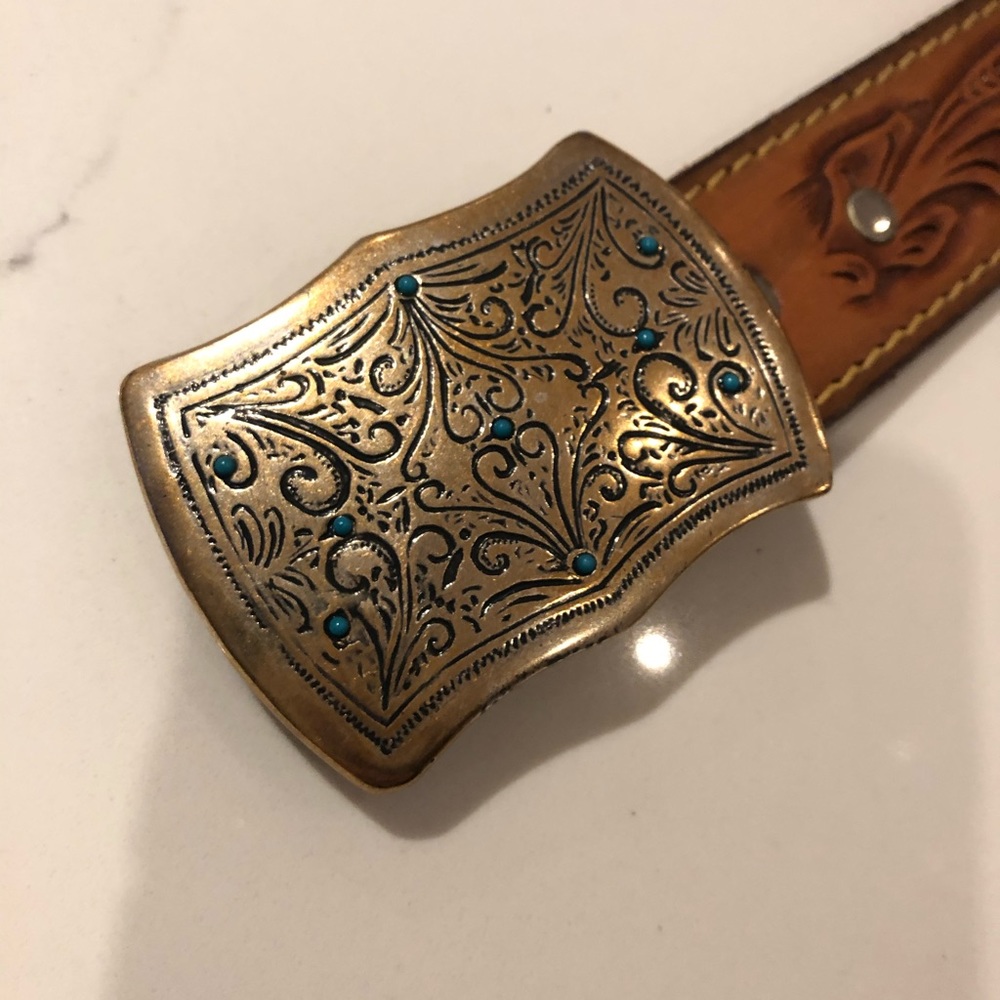 Silver and Turquoise Metal Vintage Belt Buckle with Western Leather Belt